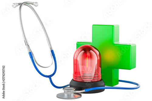 Emergency medical care with stethoscope, alarm siren and medical cross, transparent background.