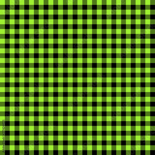 Neon green and black gingham plaid pattern seamless textile fabric background design.