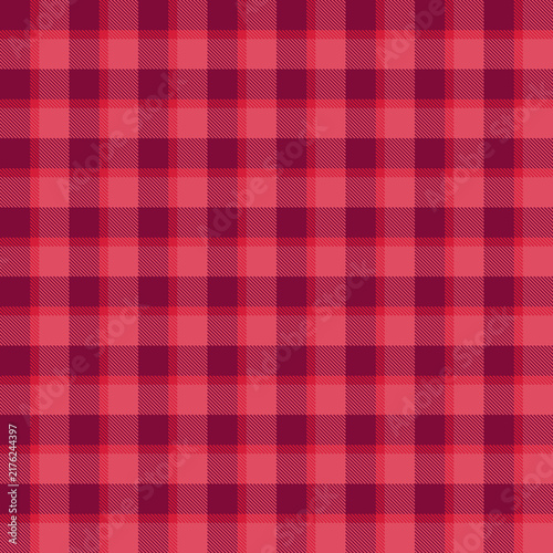 Red and dark pink plaid fabric pattern background with classic checkered textile texture.