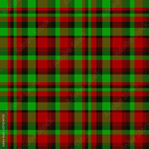 Red and green plaid fabric pattern, seamless tartan textile background for holiday design.