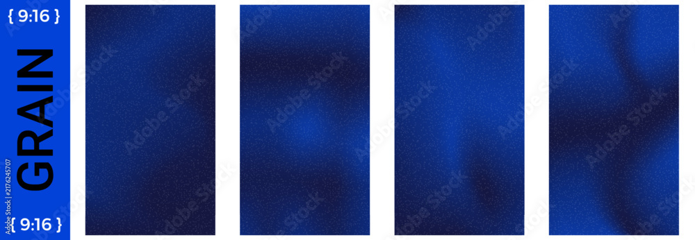 Obraz premium Blue and navy grain gradient story set with four vertical panels for social media. Bright blue glow and soft navy grain fill each dark sky frame. Vector gradation set isolated for snowy winter content