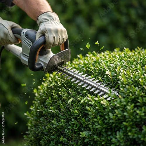 Electric hedge trimmer cutting dense green shrub with fresh leaves in motion, premium close-up garden maintenance photography focused on precise shaping and landscaping work