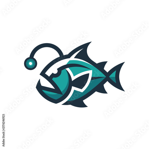 A stylized graphic illustration of an anglerfish featuring sharp lines and a glowing lure.