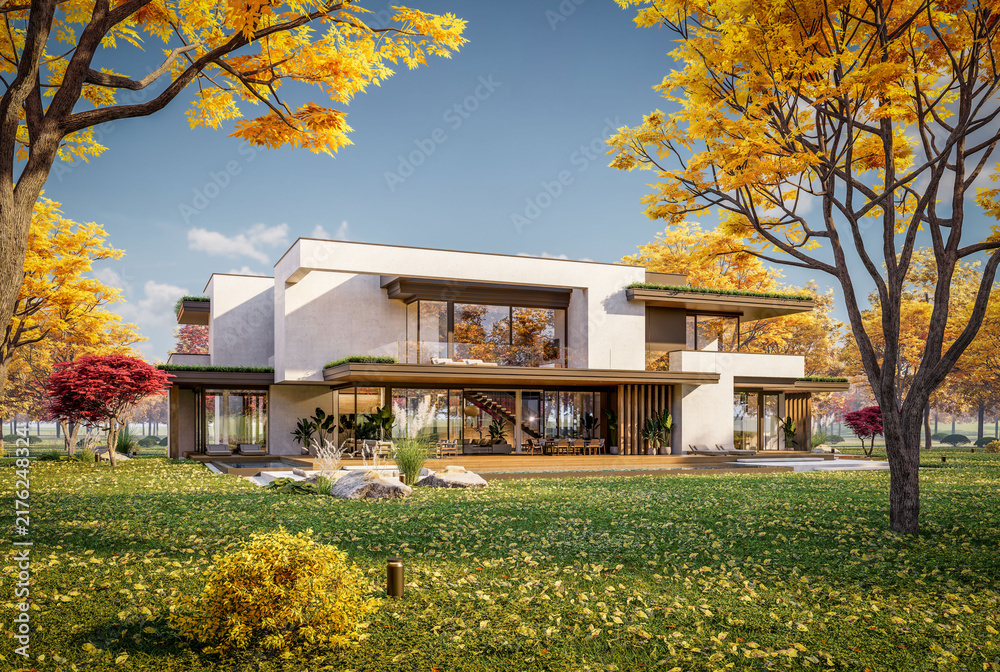 Obraz premium 3d rendering of two-story house with parking and pool for sale or rent with concrete facade and beautiful landscaping on background. Clear sunny autumn day with golden leaves anywhere