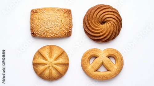 Assorted buttery shortbread biscuits arranged in a flat lay display style composition on white background
