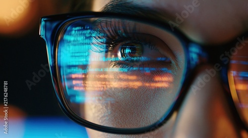 Obraz na płótnie Programmer eyes with digital code reflection in glasses representing software developer technology and coding data