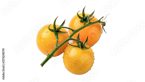 Fresh ripe yellow cherry tomatoes on branch isolated on transparent background organic garden vegetable food