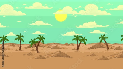 Pixel art style desert background animation for old retro games featuring palm trees and sand dunes under a bright sun, oasis, vintage, 2D.