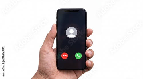Human hand holding modern smartphone displaying an incoming call screen isolated on white background