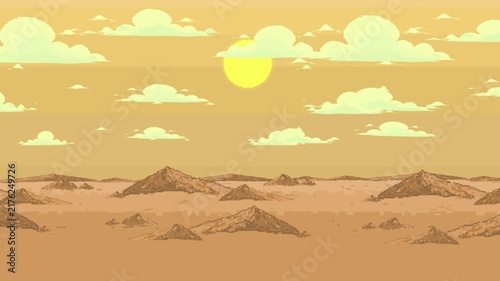 Pixel art style sand dunes landscape animation of an old retro game under a yellow sunset sky with clouds, desert, backdrop, vintage.