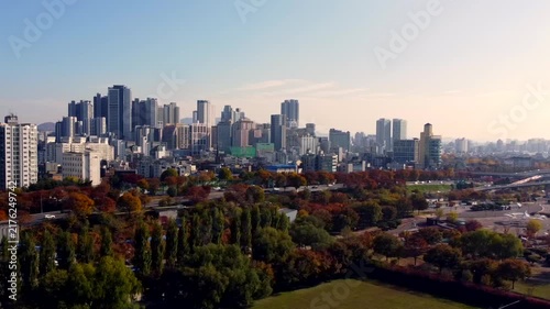 Dense residential towers rise beyond fall trees, forming modern city skyline above colorful urban park. Apartment buildings, autumn foliage and green space show city living near nature.