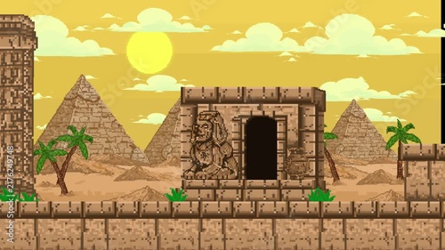 Pixel art style retro game background animation featuring Egyptian pyramids, palm trees and an ancient stone temple under a bright sun, vintage.