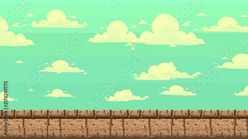Pixel art style sky and clouds background animation for old retro games with an ancient brick ground layer, backdrop, vintage, loop.