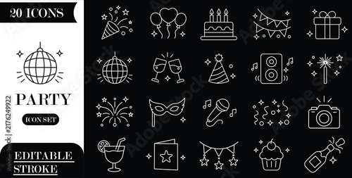 Set of party and calibration icon collection. Editable stroke. Vector illustration.