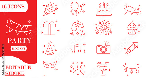 Celebration & Party icon set. Containing festival, balloon, gift, event, birthday, confetti, holiday, decoration, and more. Editable stroke. Vector illustration