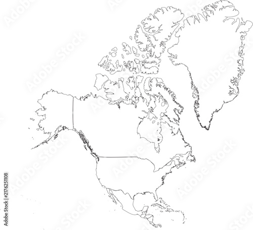 Blank outline map of North America with country borders