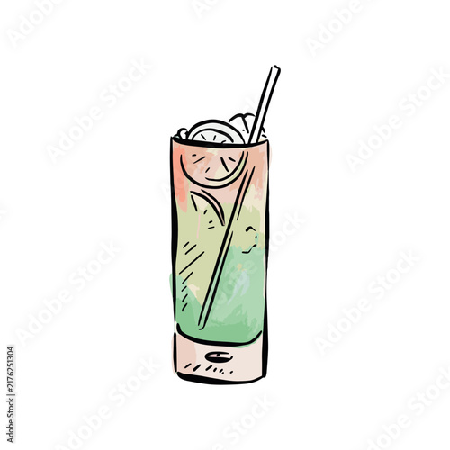 An ombre cocktail drink, hand drawn in watercolour style with green and orange colouring.
