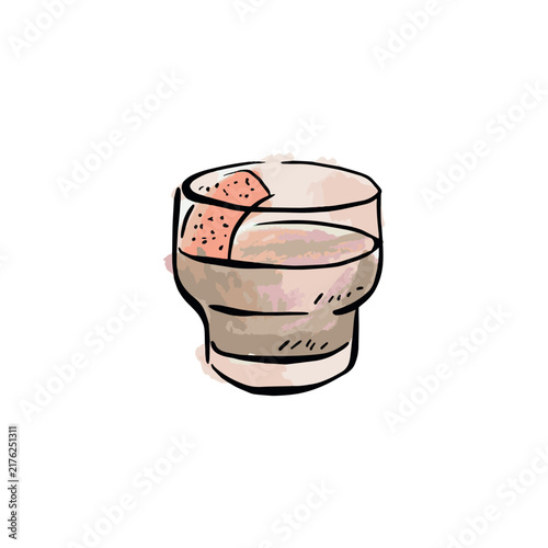 A spirit based cocktail illustration, hand drawn in watercolour with orange peel garnish. 