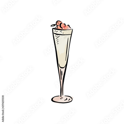 A thin champagne glass with a cherry garnish. Hand drawn watercolour illustration.