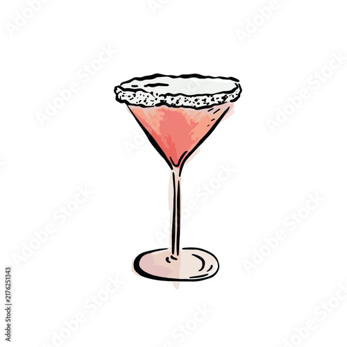 Hand drawn watercolour cocktail inspired by Christmas. A red cocktail with a salt rim. 