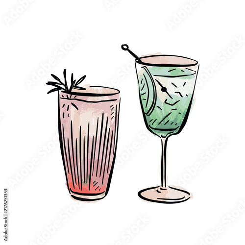 Two individual cocktail illustrations hand drawn in watercolour style. One red cocktail and one green wine glass cocktail with garnish.