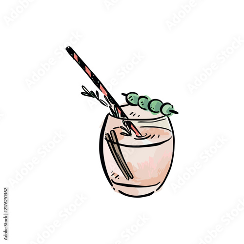 A short whiskey based cocktail with various garnishes such as olives, rosemary and cinnamon sticks. Featuring a straw. Hand drawn coloured glass with watercolour style.