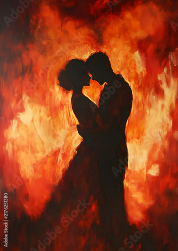 Romantic Couple Kissing in Fiery Red and Orange Abstract Painting