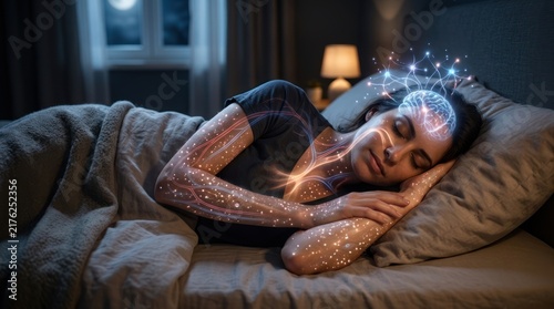 Dream Weaver: A person sleeps peacefully in bed, with ethereal light and energy emanating from their head and body, symbolizing the active nature of dreams and the mind during sleep.