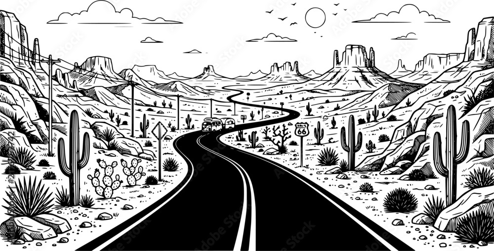 Fototapeta premium Black line American desert road panorama, cacti, rocky mountains, sand and highway scenery for USA road trip travel illustration isolated on white background