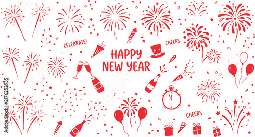 Red new year celebration elements like fireworks champagne and hats for festive holiday design.