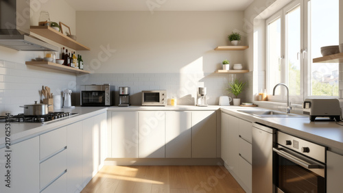 Bright minimalist kitchen with white cabinetry pale wood surfaces and clean contemporary details creating a calm functional home interior for cooking and everyday living