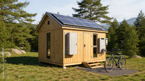 Compact modern tiny house set among evergreen trees with a small deck and warm wood details representing affordable living minimalism efficient design and nature focused housing