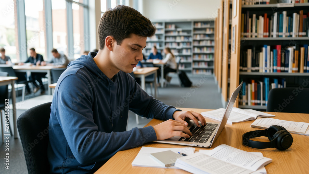 Obraz premium Focused university student using a laptop at a quiet library table surrounded by books representing academic research digital learning concentration education and independent study
