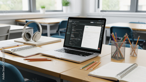 Modern office workstation with laptop tablet and organized desk tools displaying digital business content for productivity planning communication analytics and efficient daily workflow