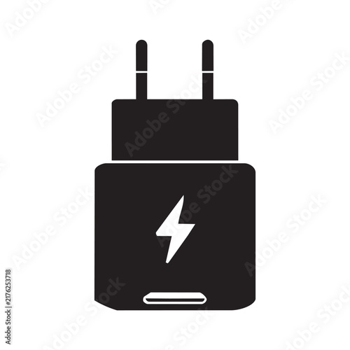 Electric charger plug icon with lightning symbol in black isolated on clean white background for power use