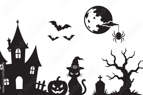 Halloween haunted castle with witch cat pumpkin bats moon spider and spooky tree silhouettes on white background