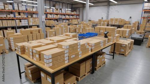 Busy organized warehouse filled with stacked cardboard boxes shelving and packing stations representing ecommerce fulfillment inventory management shipping logistics and supply chain operations