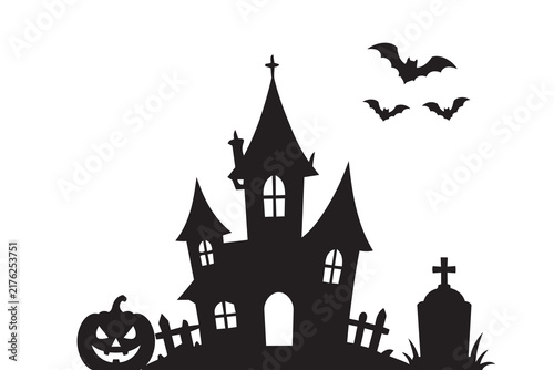 Haunted Halloween castle silhouette with flying bats pumpkin and grave on clean white background illustration