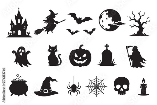 Halloween silhouette icon set with witch pumpkin ghost bats skull spider and spooky symbols on white background