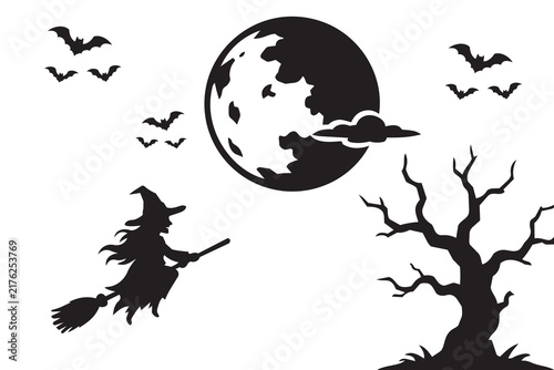 Halloween witch flying under full moon with bats and spooky tree silhouettes on clean white background