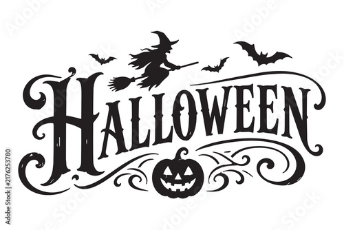 Halloween lettering with witch bats and pumpkin in black vintage design isolated on clean white background