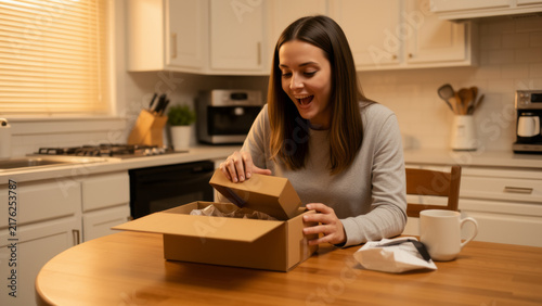 Woman opening a delivered cardboard package at a bright kitchen counter showing online shopping ecommerce convenience customer experience home delivery and everyday consumer lifestyle