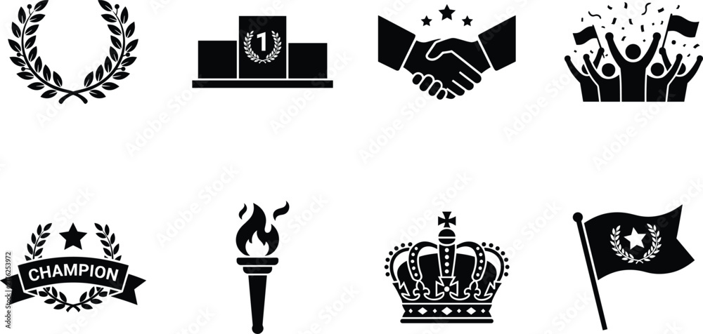 Naklejka premium Achievement and victory silhouette collection featuring champion award, handshake, celebration, trophy, crown, torch, and flags