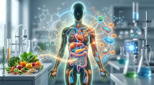 Human Anatomy and Nutrition: A vibrant infographic illustrating the intricate human anatomy alongside a selection of fresh, healthy foods.