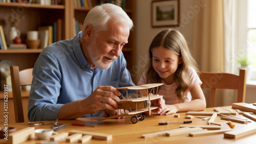 Senior man and young girl working together on a creative table project in warm home light expressing grandparent bonding shared learning family connection patience and joyful collaboration