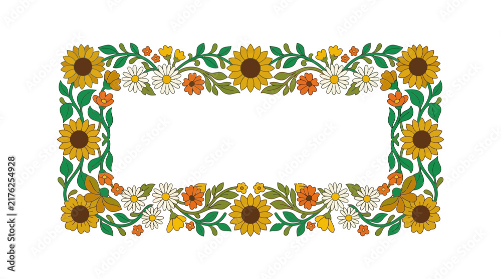 Fototapeta premium Floral Border Frame with Sunflowers and Daisies, Isolated
