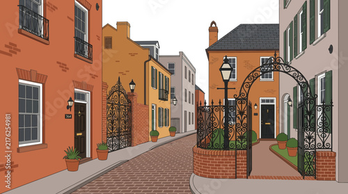 Historic Cobblestone Street with Old Brick Buildings and Decorative Archway