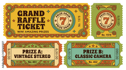 Vintage Raffle Tickets Set, Grand Prize Draw, Isolated