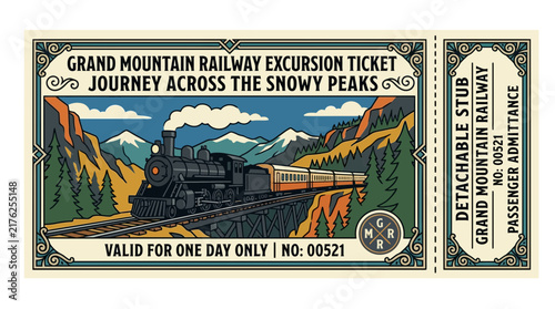 Vintage Train Ticket: Grand Mountain Railway Excursion Across Snowy Peaks