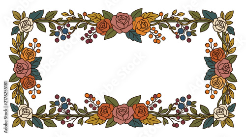 Autumn Floral Border with Roses and Berries, Transparent Background